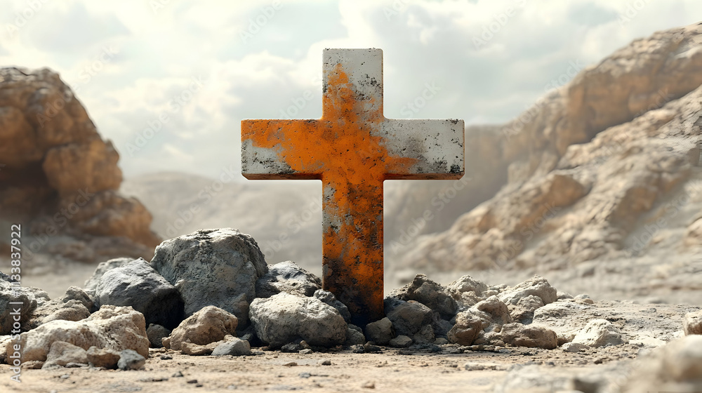 Stone Cross Stands in Desolate Rocky Landscape