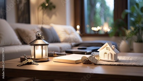 Soft lighting adds to the cozy ambiance of the new house with a key and a cute keychain on a wooden table, representing the thrill of fresh starts in real estate. View Less photo