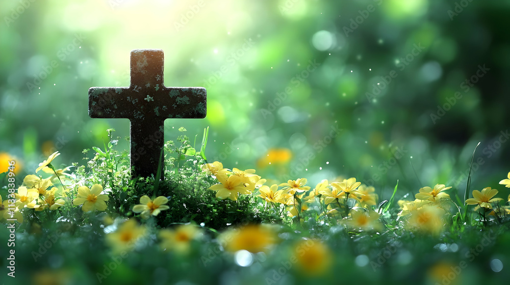 Cross Stands in a Field of Yellow Flowers Cross Stands in a Field of Yellow Flowers