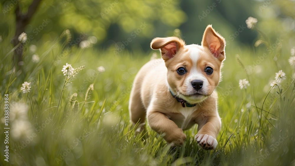 Running through the spring grass is a contented puppy. Running through the spring grass is a contented puppy.
