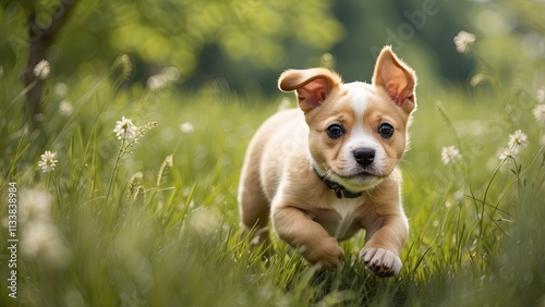 Running through the spring grass is a contented puppy. photo