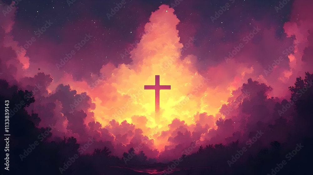 Obraz premium Cross in Fiery Sunset Sky, Hopeful Night, Peaceful Spiritual Journey, Divine Light
