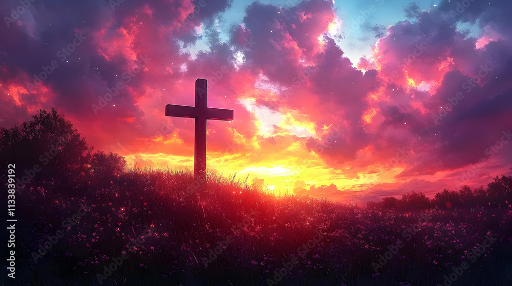Sunset Cross Silhouette in Field of Flowers, Peaceful Spiritual Scene at Dusk Sunset Cross Silhouette in Field of Flowers, Peaceful Spiritual Scene at Dusk