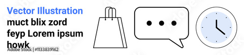Shopping bag next to a speech bubble with three dots and a clock indicating 10 oclock. Ideal for retail, e-commerce, communication, customer service, shopping, time management, web design. Landing
