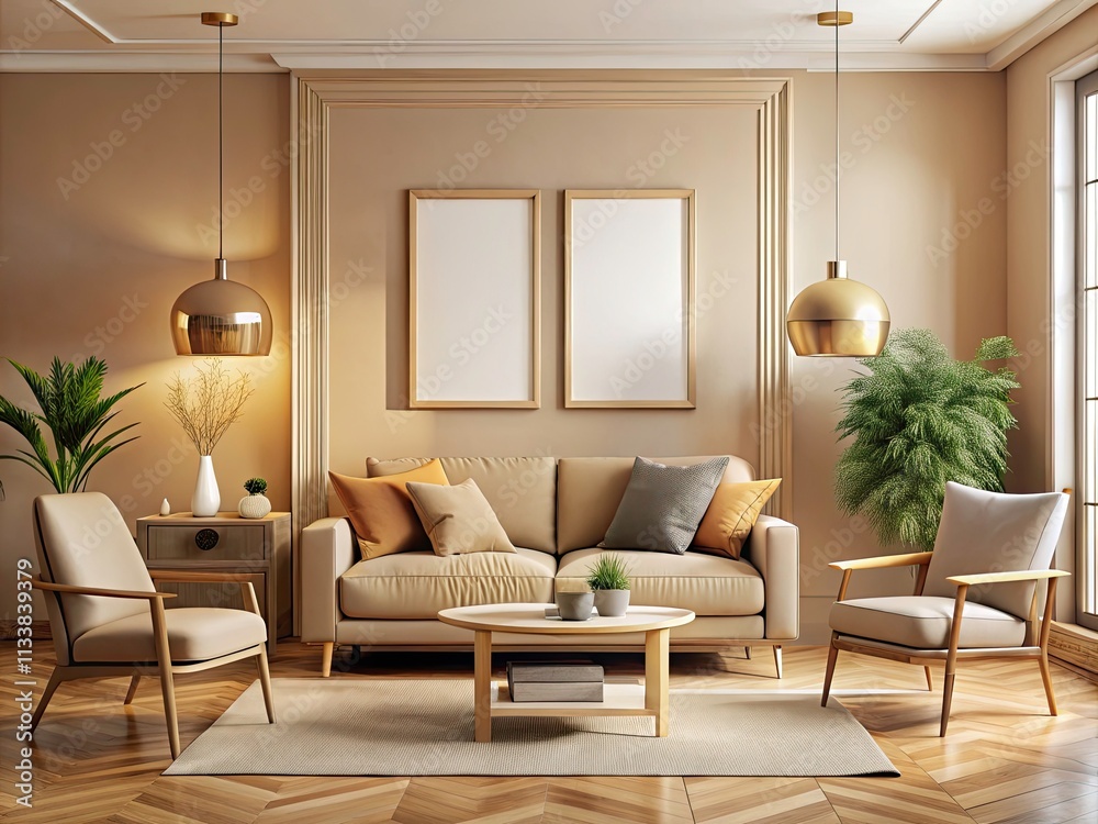 Fototapeta premium 3D-rendered mockup: elegant beige living room with framed wall art, ideal for interior design and home decor.