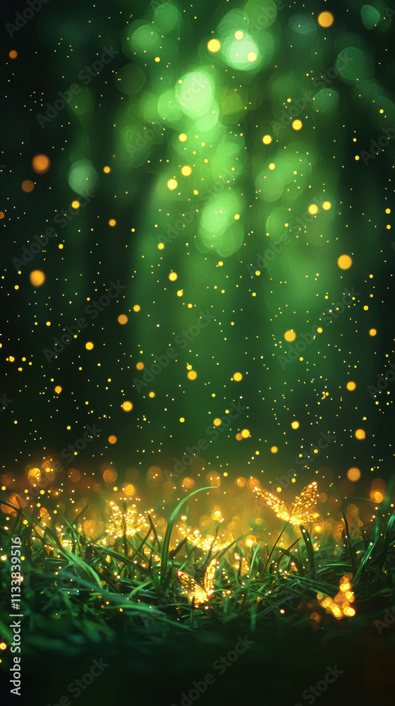 magical scene of glowing lights and shimmering particles in lush green setting, evoking sense of wonder and tranquility magical scene of glowing lights and shimmering particles in lush green setting, evoking sense of wonder and tranquility
