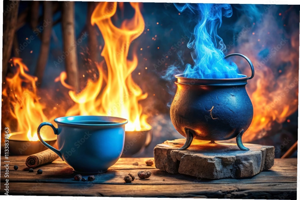 In this mystical scene a bubbling cauldron emits green smoke surrounded by Halloween decorations In this mystical scene a bubbling cauldron emits green smoke surrounded by Halloween decorations