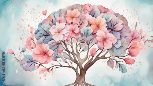 Positive ideas are represented by a surreal image of the human brain combined with pastel blossoms of a blossoming tree. dreamlike watercolor design on a pale backdrop photo