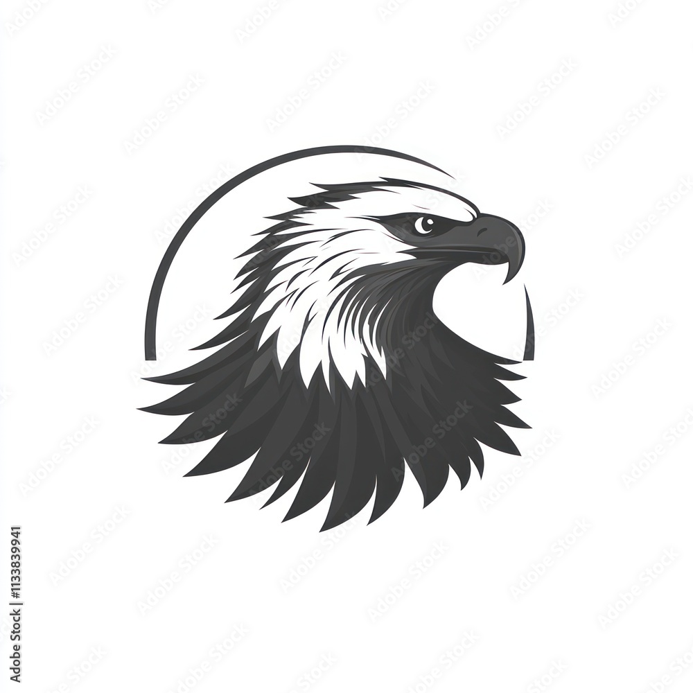 Monochrome eagle head emblem, stylized and outlined in a circular frame, highlighting the bird's powerful profile. Monochrome eagle head emblem, stylized and outlined in a circular frame, highlighting the bird's powerful profile.