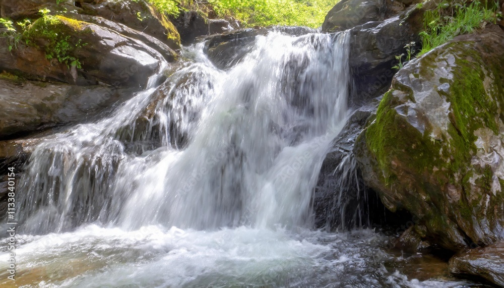Crystal Clear Waterfall Cascading Over Jagged Rocks in Hidden Forest Valley Crystal Clear Waterfall Cascading Over Jagged Rocks in Hidden Forest Valley
