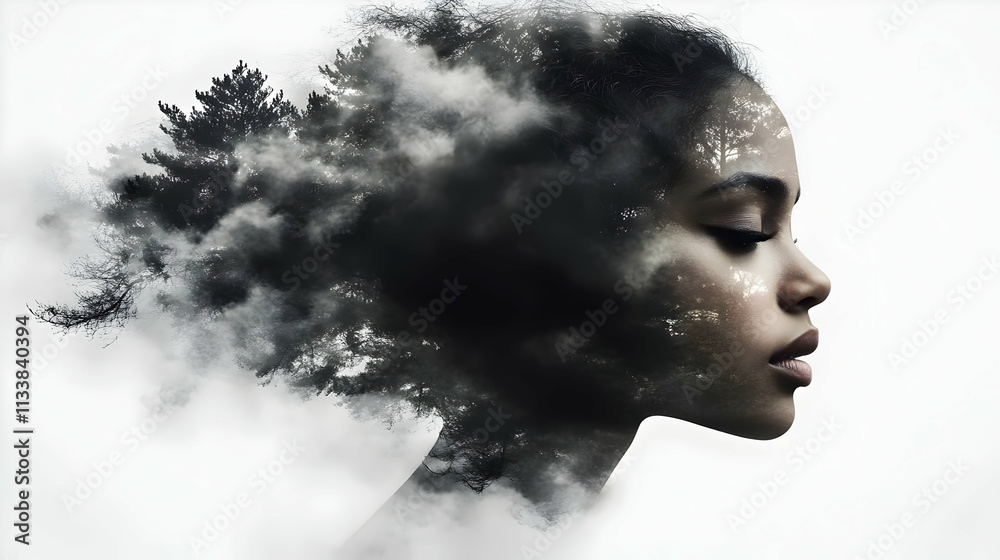 Woman's Face Merges with Misty Forest, Nature's Embrace Shown in Surreal Art Woman's Face Merges with Misty Forest, Nature's Embrace Shown in Surreal Art