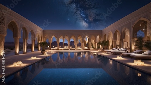 opulent desert oasis hotel that combines traditional Middle Eastern design elements with contemporary architecture Starry night sky reflected in a shimmering pool photo