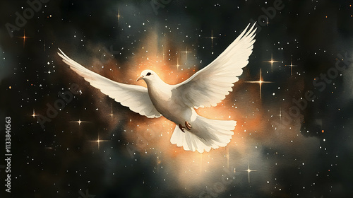 Dove Soars Through Starry Night, Divine Symbolism, Spiritual Peace photo