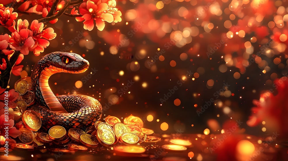 Enigmatic Snake Coiled Amongst Gold Coins and Cherry Blossoms Mystic Garden Digital Art Serene Environment Close-Up Wealth Symbolism Enigmatic Snake Coiled Amongst Gold Coins and Cherry Blossoms Mystic Garden Digital Art Serene Environment Close-Up Wealth Symbolism