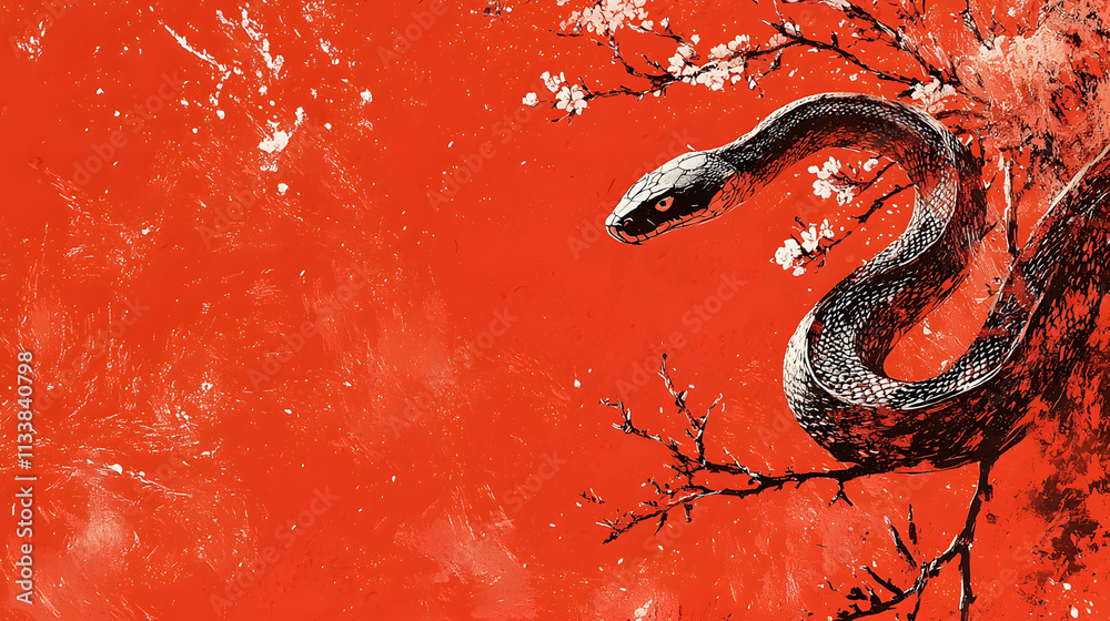 Mysterious Serpent Coiled Among Cherry Blossoms Digital Art Vibrant Red Background Artistic Perspective Nature Concept Mysterious Serpent Coiled Among Cherry Blossoms Digital Art Vibrant Red Background Artistic Perspective Nature Concept