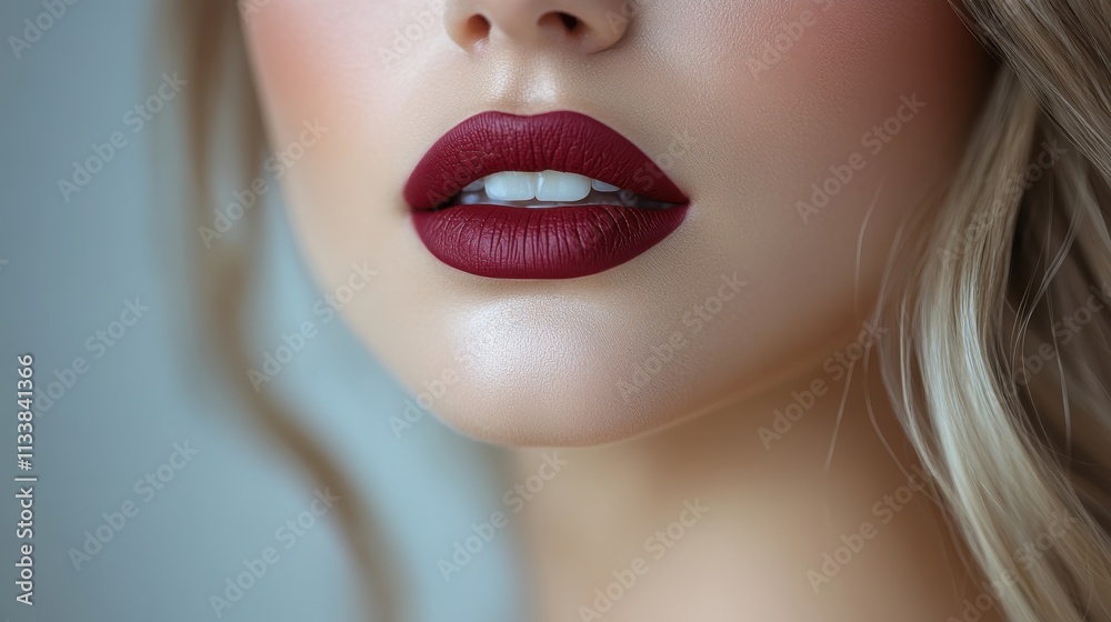 Close-up of a woman's lips featuring bold burgundy lipstick and soft skin tones. Close-up of a woman's lips featuring bold burgundy lipstick and soft skin tones.