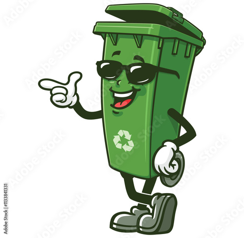 Trash Bin with sunglasses,   Cartoon Character Mascot Illustration Vector Clip-art Hand-drawn Logo Design 