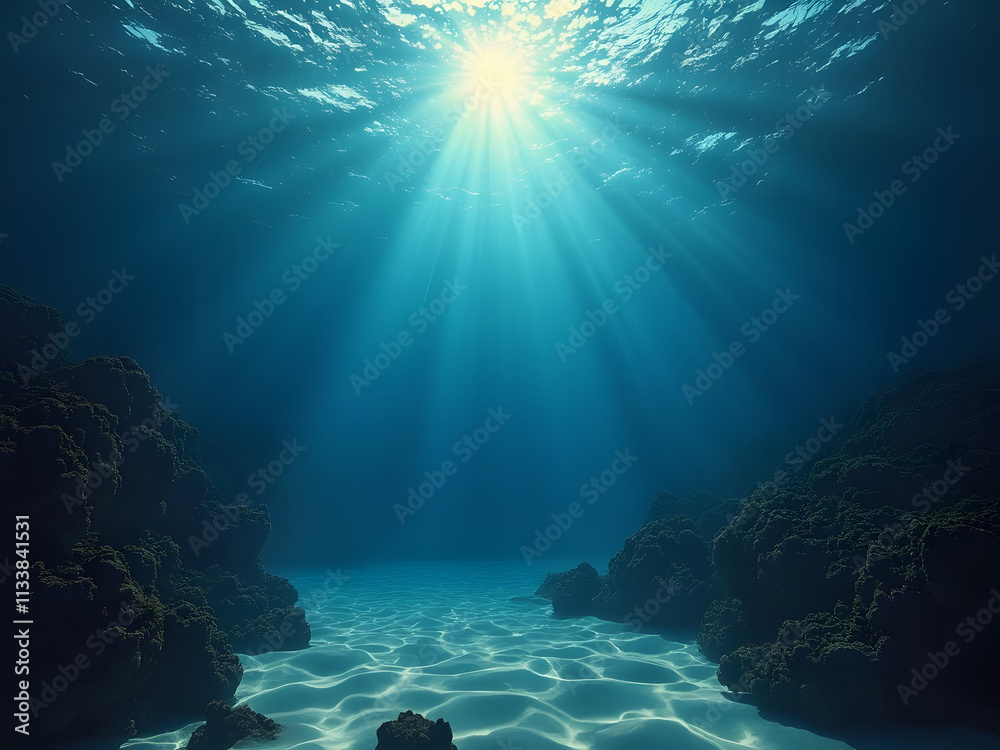 Naklejka premium Underwater view of the coral reef with fishes and rays of sunlight. generated by AI