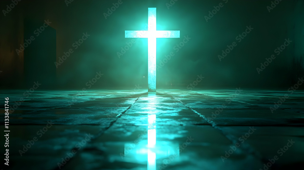 Naklejka premium Glowing Cross Reflects on Dark Floor, Mystical Night Scene