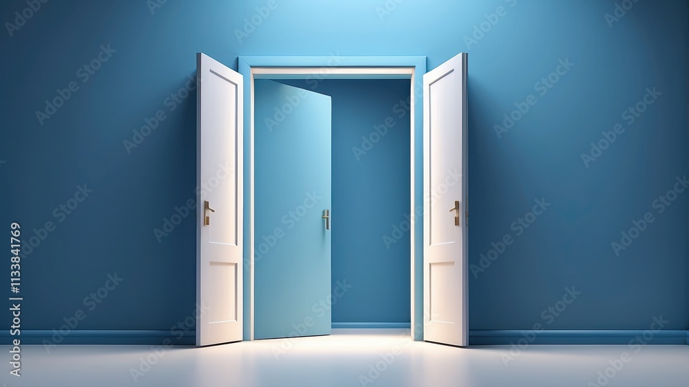 minimalistic 3d rendering of an open door in a clean blue space, symbolizing opportunity and potential, with soft shadows creating depth and a sense of openness minimalistic 3d rendering of an open door in a clean blue space, symbolizing opportunity and potential, with soft shadows creating depth and a sense of openness