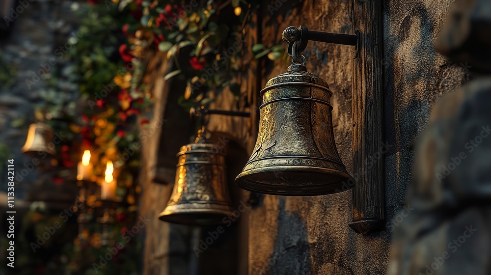 Obraz premium Ancient Bells on a Stone Wall: A Gothic Architectural Detail