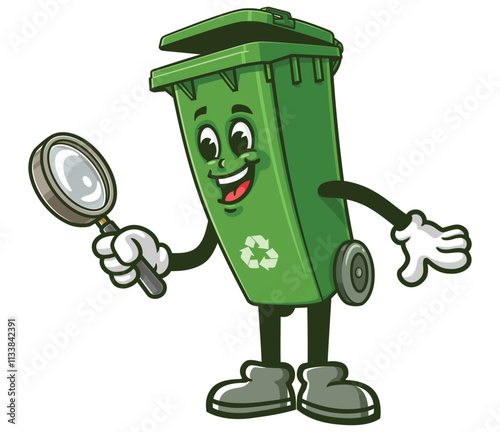 Trash Bin with magnifying glass,  Cartoon Character Mascot Illustration Vector Clip-art Hand-drawn Logo Design 