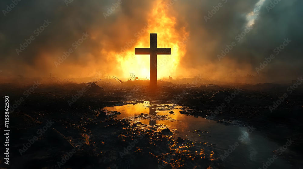 Cross Stands Tall Amidst Fiery War-Torn Landscape