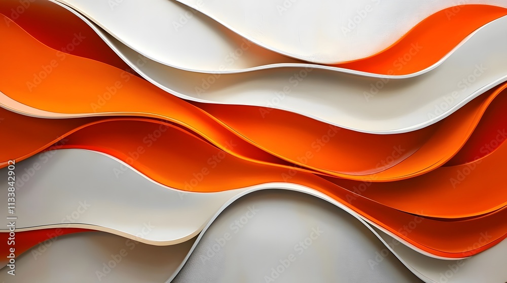 The image is a colorful abstract piece with orange and white stripes. The orange and white colors create a sense of movement and energy, while the wavy lines add a dynamic The image is a colorful abstract piece with orange and white stripes. The orange and white colors create a sense of movement and energy, while the wavy lines add a dynamic