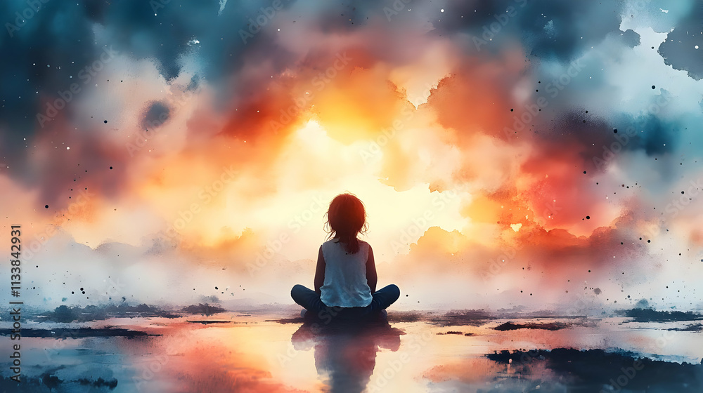 Child Contemplates Sunset's Fiery Hues, Serene Reflection in Still Water, Peaceful Mind Child Contemplates Sunset's Fiery Hues, Serene Reflection in Still Water, Peaceful Mind