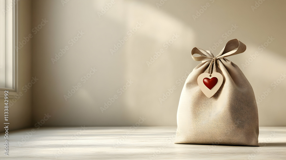 A fabric bag tied with a bow and a heart-shaped tag, set in a softly lit room. A fabric bag tied with a bow and a heart-shaped tag, set in a softly lit room.