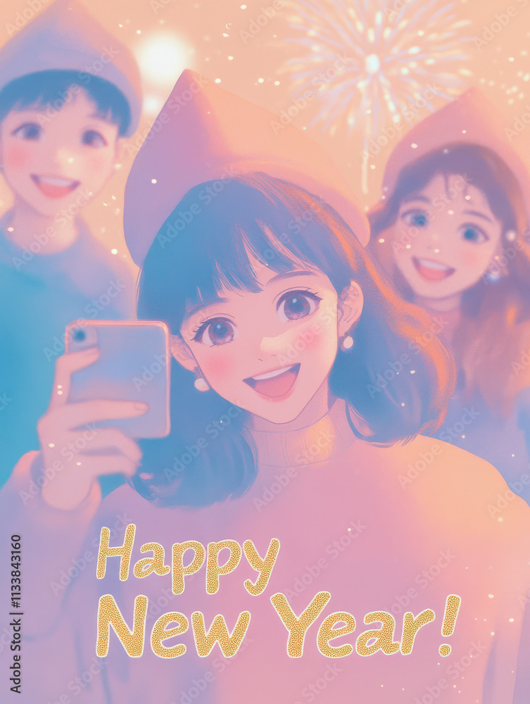 Charming New Year Illustrations with group of teenagers taking a selfie with party hats: Cute Holiday Designs for Cards, Wallpapers, T-Shirts, Posters & Decor Charming New Year Illustrations with group of teenagers taking a selfie with party hats: Cute Holiday Designs for Cards, Wallpapers, T-Shirts, Posters & Decor