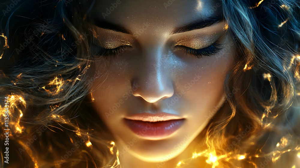 Golden Radiance: Woman's Face, Glowing, Mystical, Enchanting, Beauty, Serene, Spiritual, Inner Light, Divine, Glamour, Radiant, Magical Golden Radiance: Woman's Face, Glowing, Mystical, Enchanting, Beauty, Serene, Spiritual, Inner Light, Divine, Glamour, Radiant, Magical
