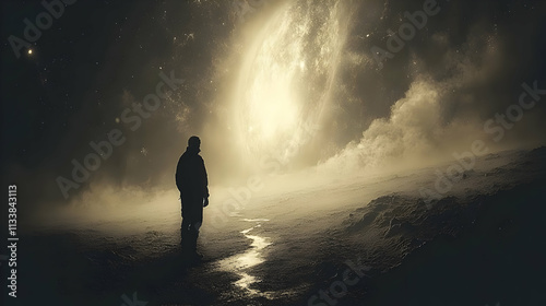 Lone Figure Contemplates Celestial Wonders on Icy Planet, Space Exploration and Cosmic Mystery Unveiled.