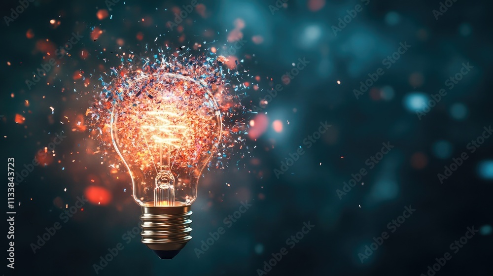 Creative Light Bulb with Vibrant Sparks and Bokeh Background Creative Light Bulb with Vibrant Sparks and Bokeh Background