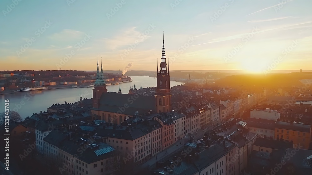 Golden Hour over Stockholm: A Panoramic View of Riddarholmen Church and the Cityscape at Sunset Golden Hour over Stockholm: A Panoramic View of Riddarholmen Church and the Cityscape at Sunset