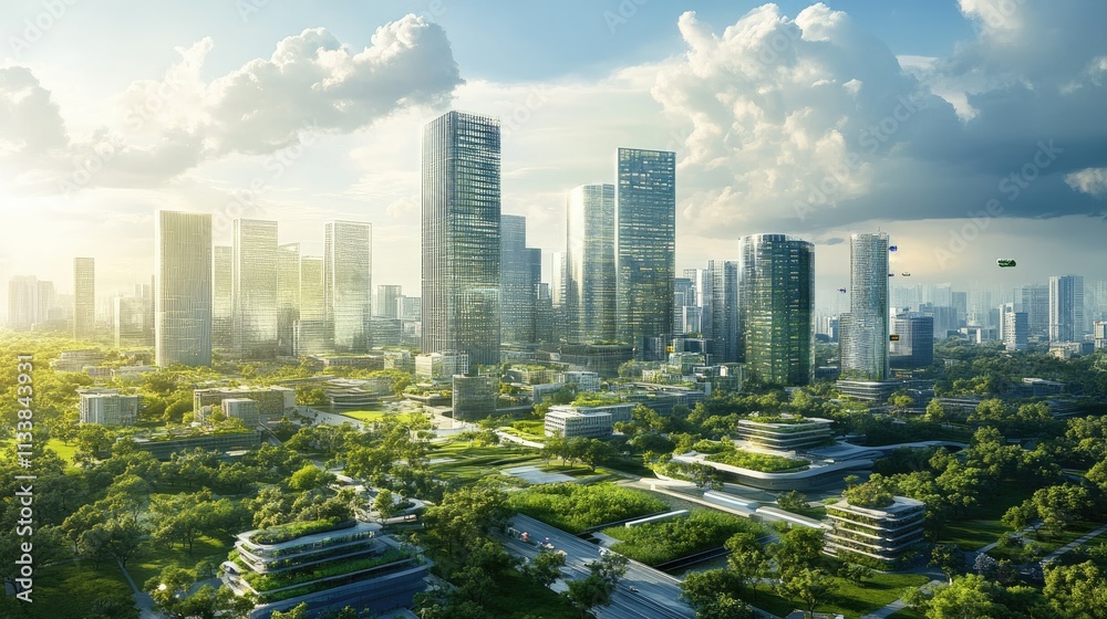 Obraz premium Urban Landscape with Modern Skyscrapers and Lush Green Spaces
