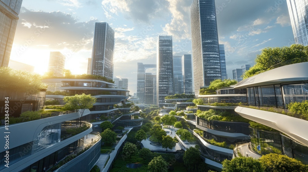 Fototapeta premium Futuristic Urban Landscape with Green Spaces and Modern Architecture