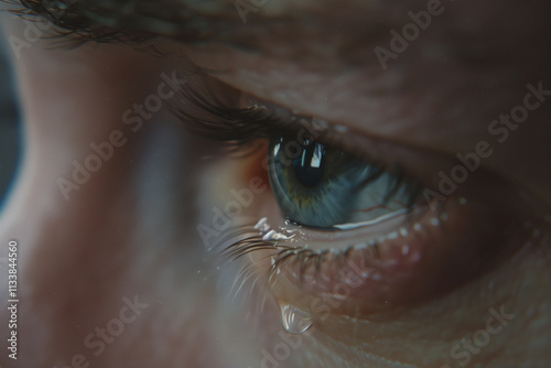 Close-Up Tearful Eye (Crying) with Sharp Iris Details , Sharp Focus Eye.