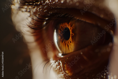 Close-Up Tearful Eye (Crying) with Sharp Iris Details , Sharp Focus Eye.