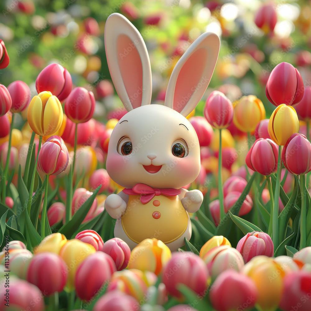 Obraz premium cute bunny surrounded by colorful tulips in serene atmosphere