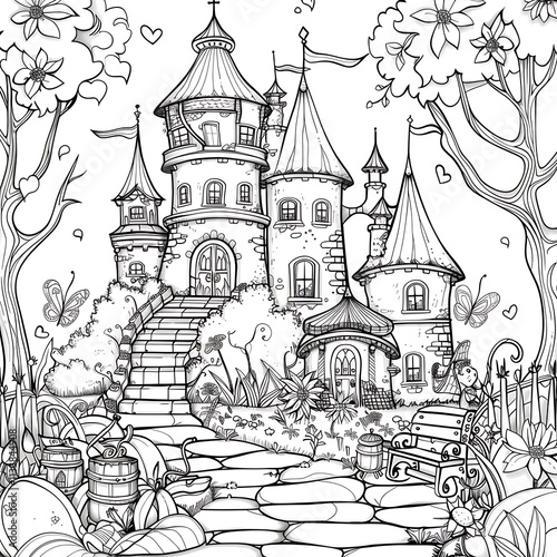 Enchanting fairy tale castle mystical garden line art illustration whimsical setting front view fantasy concept