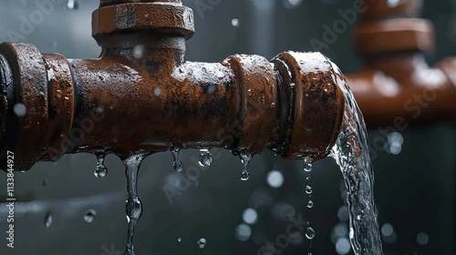 Rusty Pipe with Water Streaming and Droplets in Close Up View