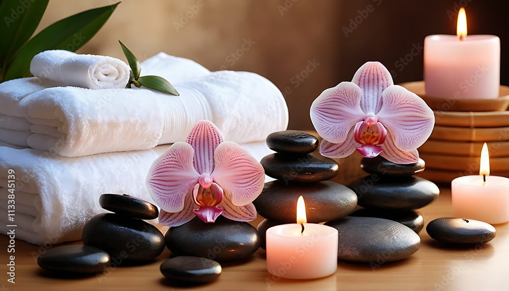 Spa Wellness Scene with Orchids, Hot Stones, and Tea Light Candles for Relaxation. Spa Wellness Scene with Orchids, Hot Stones, and Tea Light Candles for Relaxation.