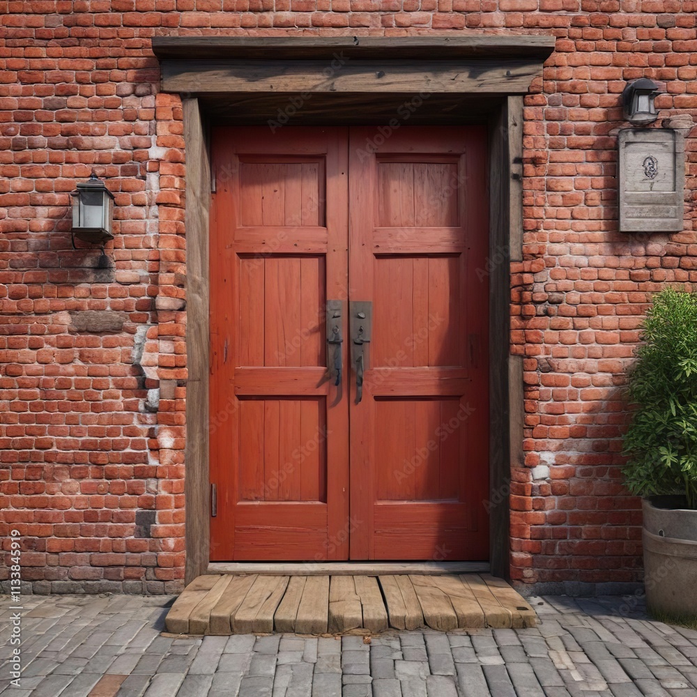 Rustic red bricks with a wooden doorway painted in contrasting color, charming, welcoming, traditional Rustic red bricks with a wooden doorway painted in contrasting color, charming, welcoming, traditional