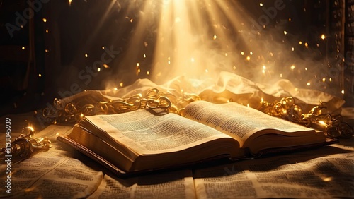 dramatic Bible scenario with golden light pouring from pages of Samuel's open book heavenly revelation in an epic cinematic setting