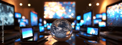 A digital landscape with multiple screens surrounding a globe, symbolizing global connectivity and technology's reach. Company annual report cover, background, materials, IT, PPT, posters, albums, UI