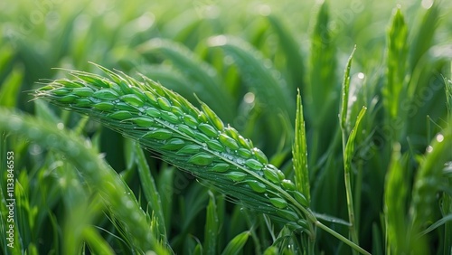 Close-up of vivid green wheat ears coated in dew, illustrating the splendor of the natural world and agricultural development in a crisp morning environment photo