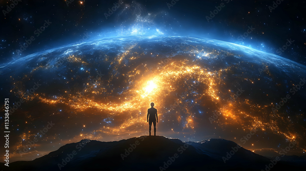 Awe-Inspiring Cosmic View: Figure Contemplates Vast Nebula & Celestial Wonders Awe-Inspiring Cosmic View: Figure Contemplates Vast Nebula & Celestial Wonders
