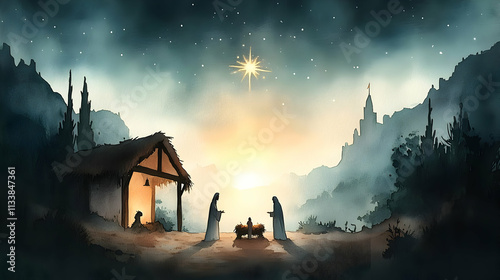 Starlit Night: Holy Family's Humble Birth Scene, Peaceful Desert Landscape