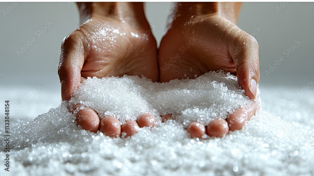 Fototapeta premium Hands holding white crystals over a surface of similar crystals, suggesting sensory experience.